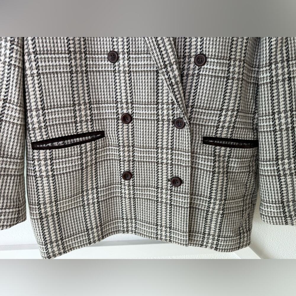 Vintage Choise Wool Tweed Plaid Double Breasted Blazer Suede Trim Size 8 - Picture 4 of 14